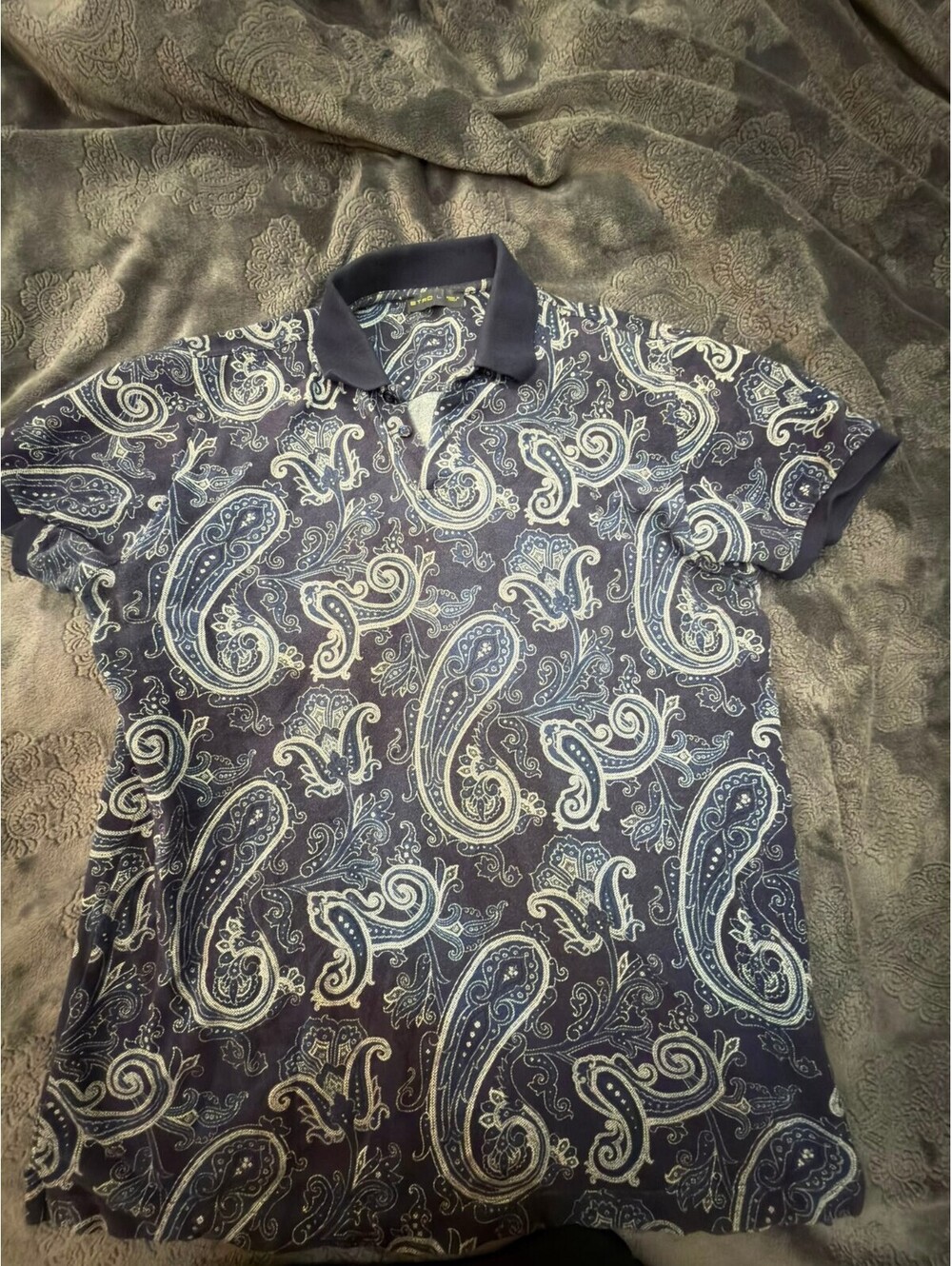 Etro Men's Paisley Print Polo Shirt Navy Blue Size